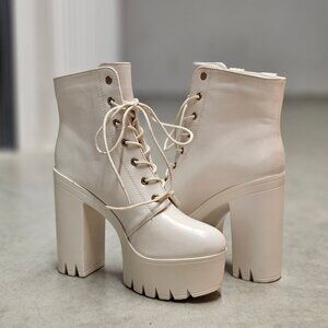 Lace-Up Platform Chunky Heel Ankle Boots With Dual Buckle Detail In Off White